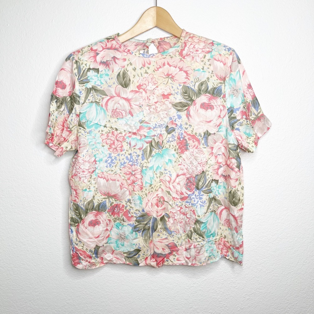 Prophecy‎ Vintage 90s Floral Short Sleeve Blouse Pink Teal Keyhole Back Medium